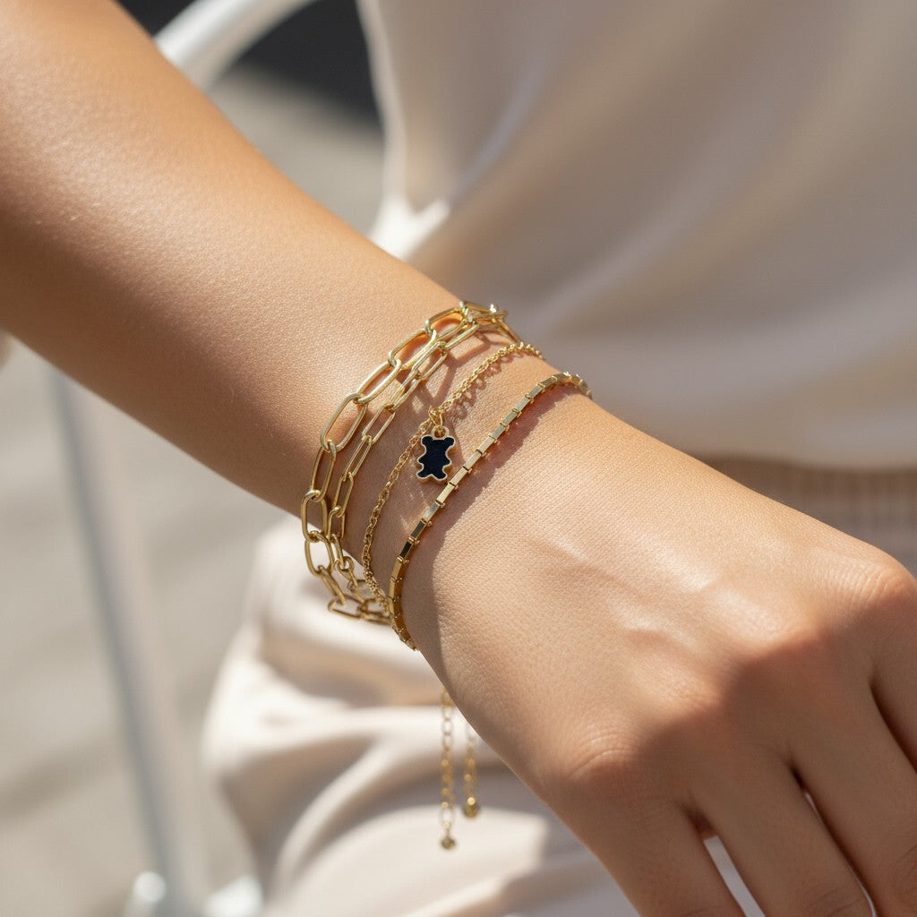 Kadın 3'Lü Ayıcık Detaylı Gold Kombin Bileklik Seti