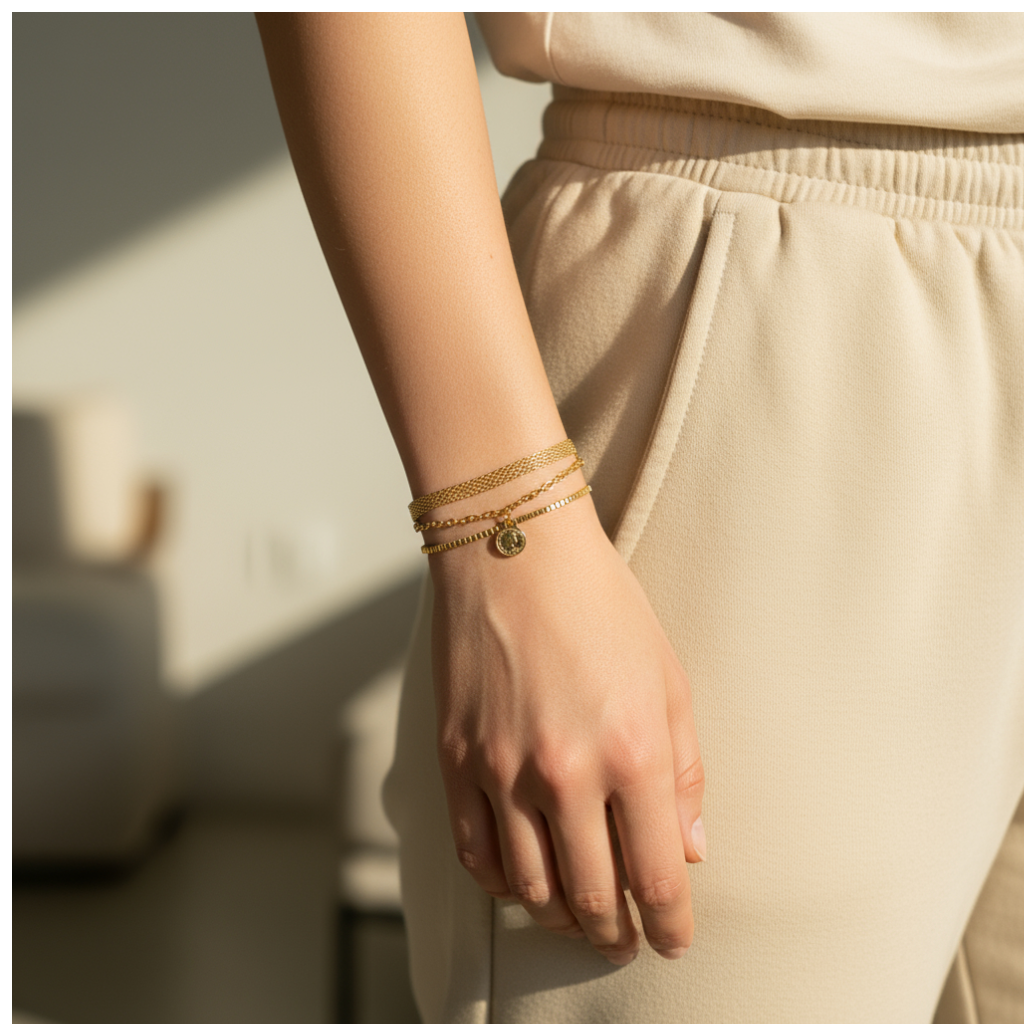 Kadın 3'Lü Altın Detaylı Gold Kombin Bileklik Seti