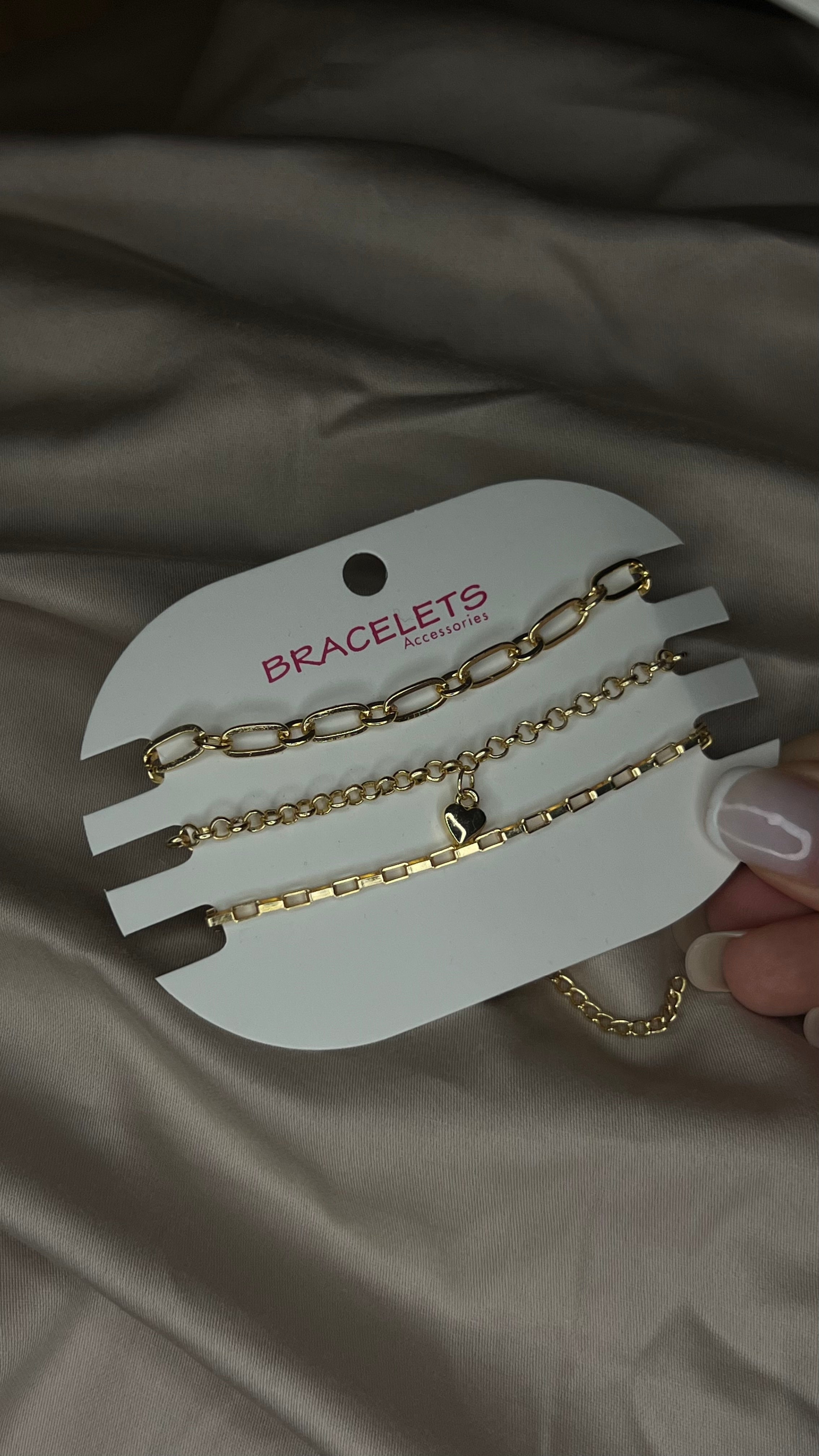 Kadın 3'Lü Kalp Detaylı Gold Kombin Bileklik Seti