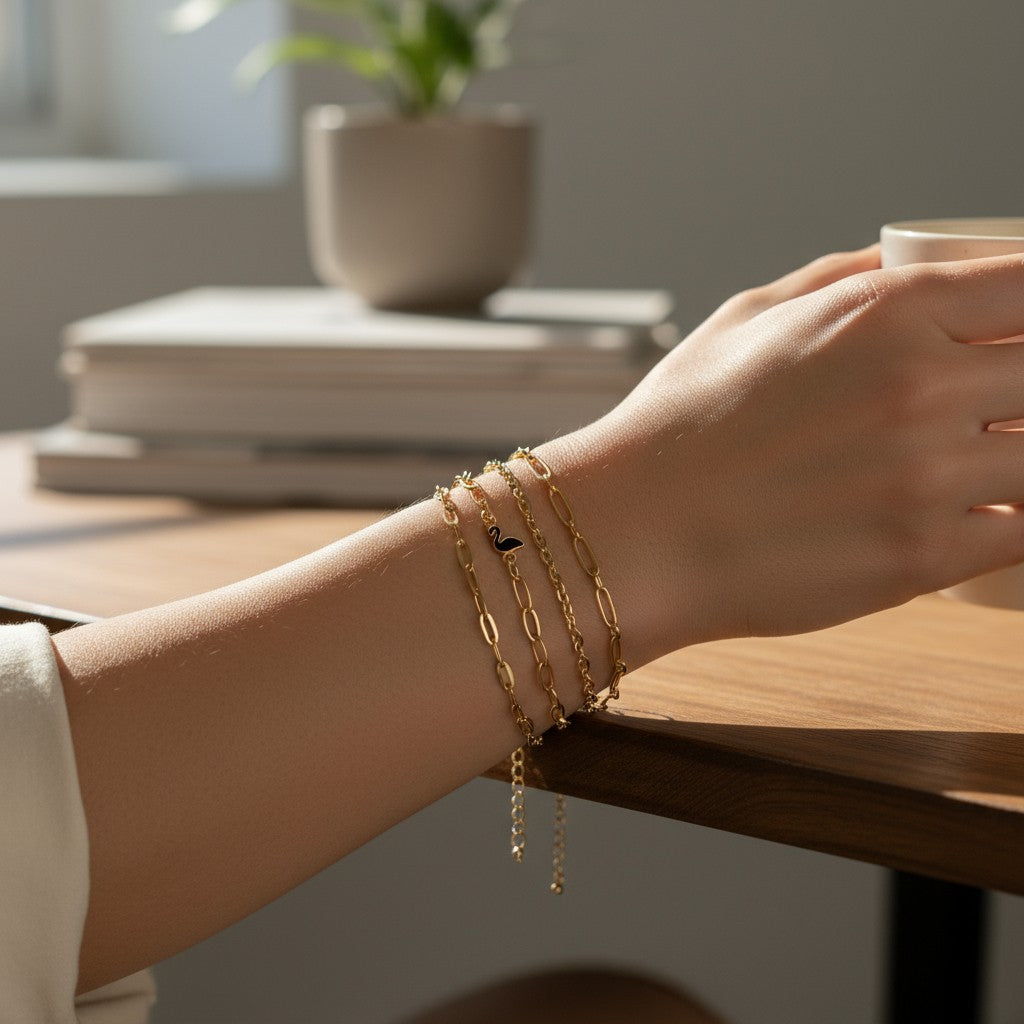 Kadın 3'Lü Kuğu Detaylı Gold Kombin Bileklik Seti