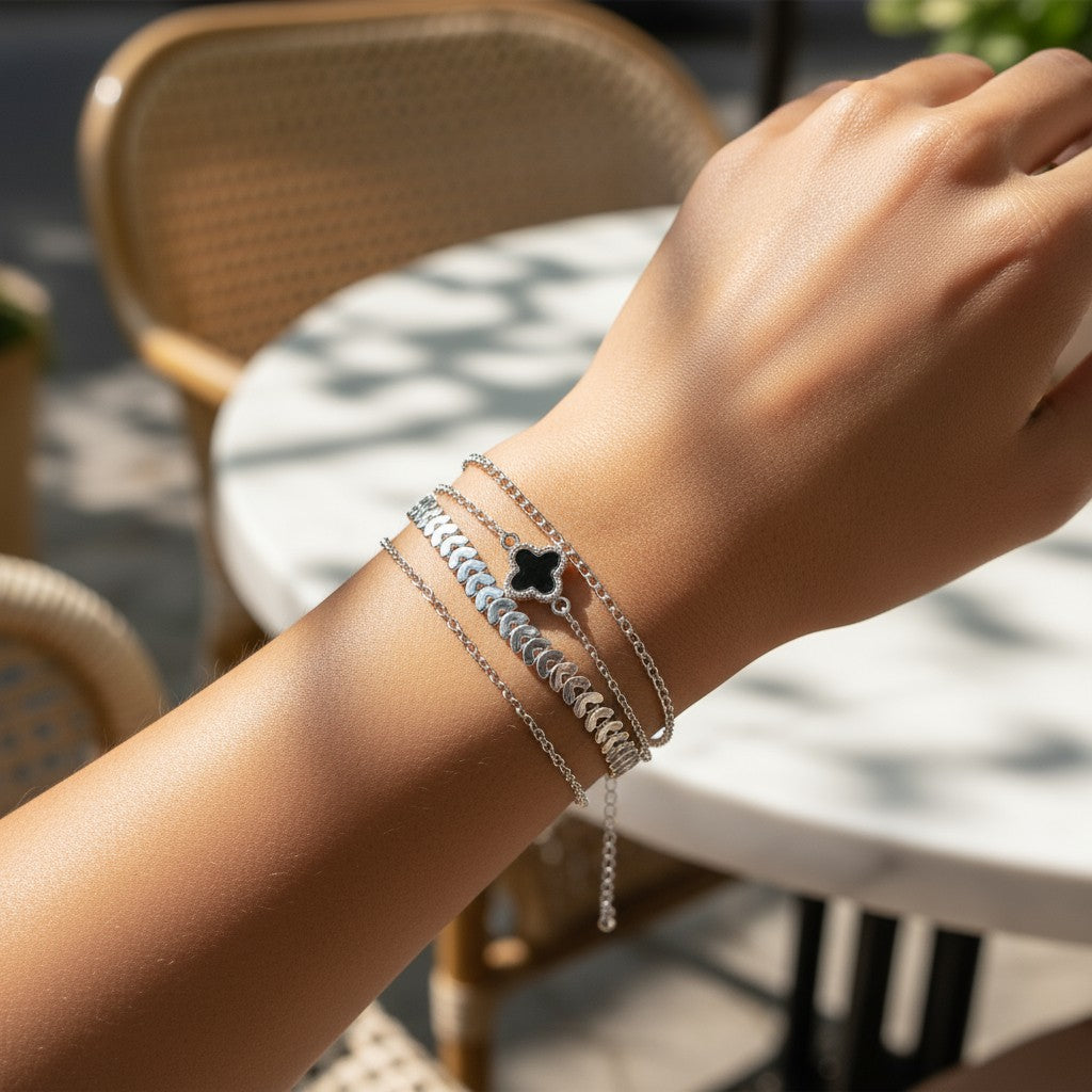 Kadın 3'Lü Yonca Detaylı Gümüş Kombin Bileklik Seti