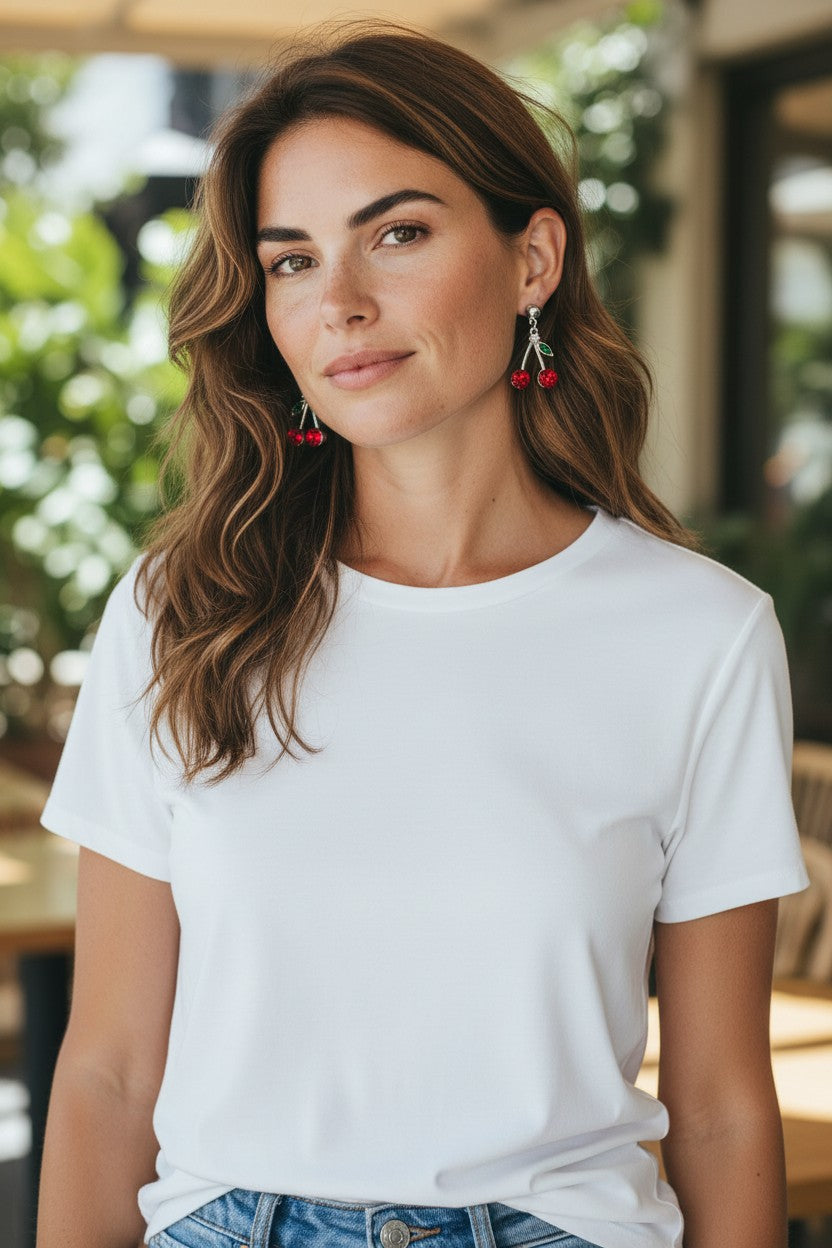 Kırmızı Taşlı Kiraz Küpe Gold Ve Gümüş