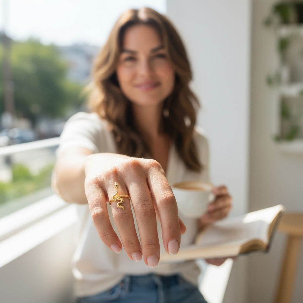 Kararmaz Çelik Desenli Yılan Model Gold Renk Ayarlanabilir Kadın Yüzük